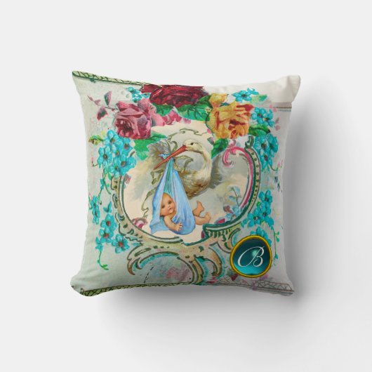 STORK BOY BABY SHOWY Floral Monogram Keepake Kissen (Vorderseite)