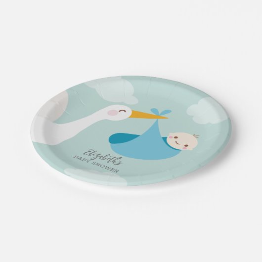 Stork Bundle Boy Baby Dusche Pappteller (Schrägansicht)