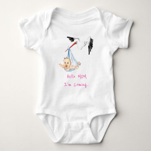 Stork Carry Baby Bodysuit Mama Ich komme Baby Strampler (Vorderseite)