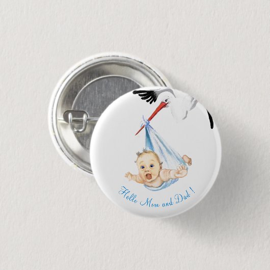 Stork Carry Baby - Cartoon Zeichne süße Funny Button (Vorne & Hinten)