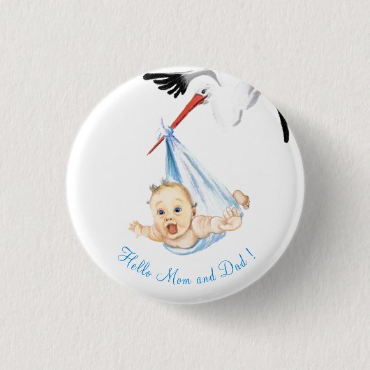 Stork Carry Baby - Cartoon Zeichne süße Funny Button (Vorderseite)