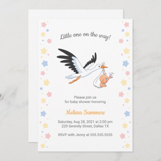 Stork Carry Baby Selfie Baby Dusche Einladung (Vorne/Hinten)