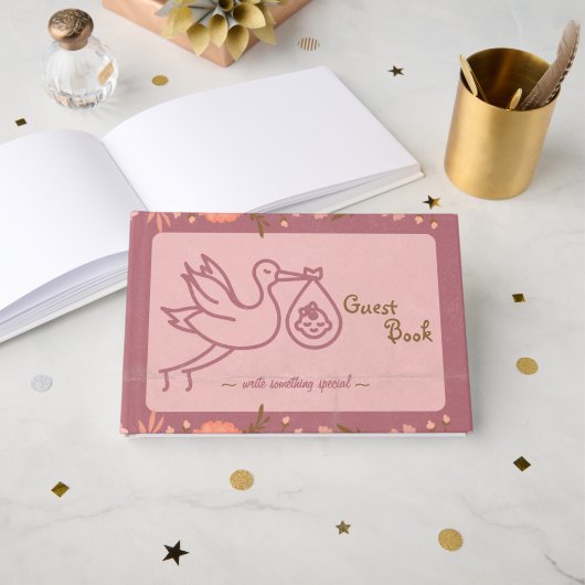 Stork Carry Baby Shower Gästebuch (Vorderseite Offen)