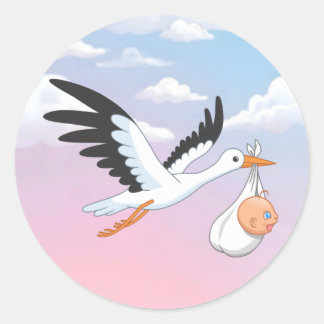 Stork Carrying a Baby Sky Clouds Runder Aufkleber