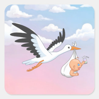 Stork Carrying a Baby Taking First Selfie Sky Quadratischer Aufkleber