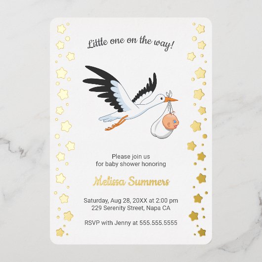 Stork Carrying Baby Selfie Baby Shower Folieneinladung (Vorderseite)