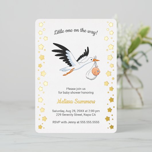 Stork Carrying Baby Selfie Baby Shower Folieneinladung (Stehend vorne)