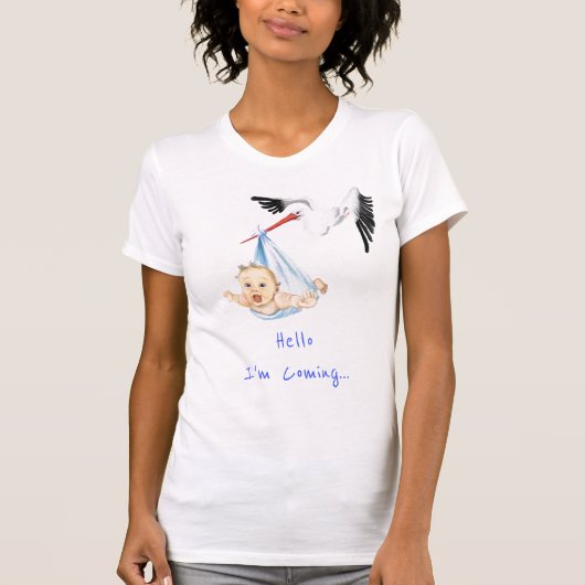 Stork Carrying Baby T-Shirt - New Baby - Your Text (Vorderseite)