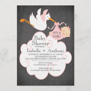 Stork Chalkboard GIRL Baby Shower Einladung