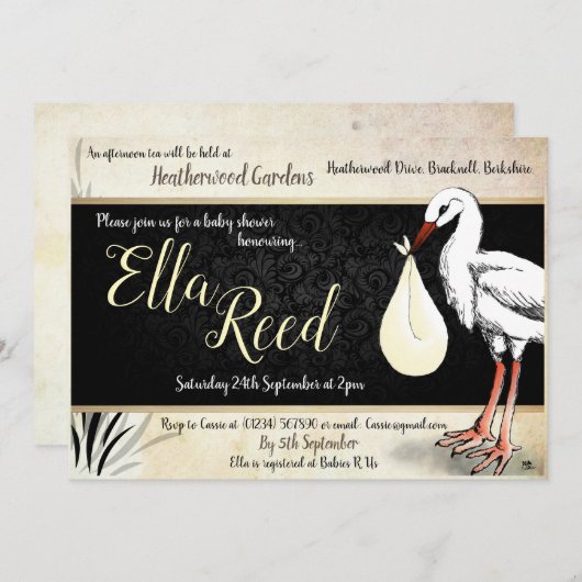 Stork Cream Baby Shower Einladungen (Vorne/Hinten)