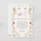 Stork Delivery Pink Floral Garden Girl Baby Shower Dankeskarte (Vorderseite)