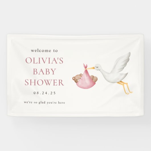 Stork Delivery Pink Girl Baby Dusche Willkommen Banner (Horizontal)
