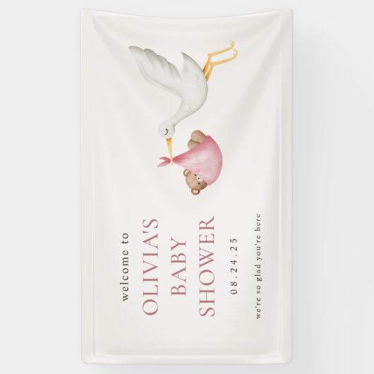 Stork Delivery Pink Girl Baby Dusche Willkommen Banner (Vertikal)
