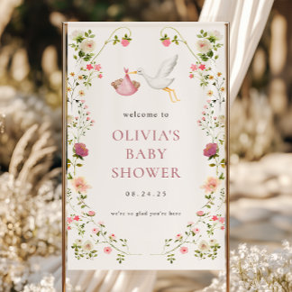 Stork Delivery Pink Girl Baby Dusche Willkommen Banner