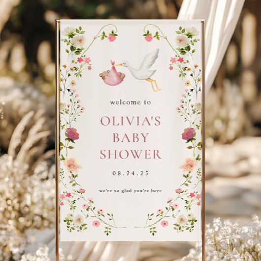 Stork Delivery Pink Girl Baby Dusche Willkommen Banner