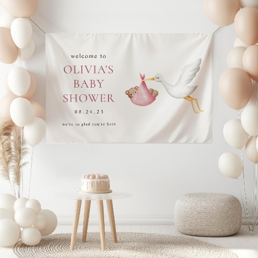 Stork Delivery Pink Girl Baby Dusche Willkommen Banner