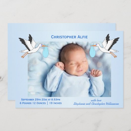 Stork Design Baby Boy Birth Ankündigung (Vorne/Hinten)