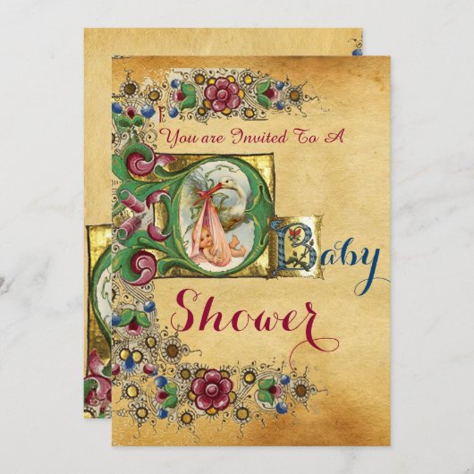 STORK GIRL BABY DUSCHE FLORAL PARCHMONOGRAM EINLADUNG (Vorne/Hinten)