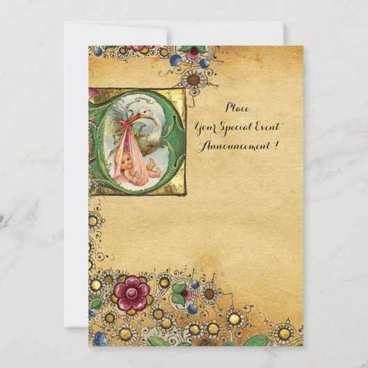 STORK GIRL BABY DUSCHE FLORAL PARCHMONOGRAM EINLADUNG (Rückseite)