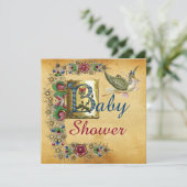 STORK GIRL BABY DUSCHE FLORAL PARCHMONOGRAM EINLADUNG (Stehend Vorderseite)