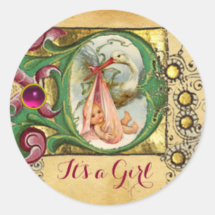 STORK GIRL BABY DUSCHE FLORAL PARCHMONOGRAM RUNDER AUFKLEBER