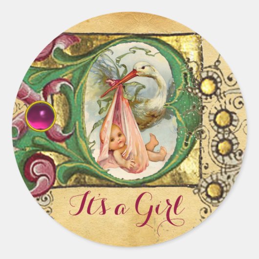 STORK GIRL BABY DUSCHE FLORAL PARCHMONOGRAM RUNDER AUFKLEBER (Vorderseite)