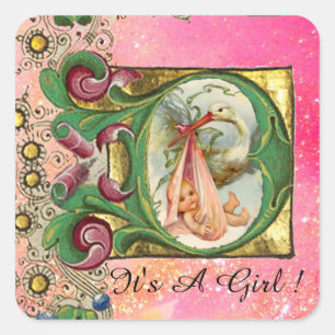 STORK GIRL BABY DUSCHE FLORALLE PARKPLATZ IN PINK QUADRATISCHER AUFKLEBER