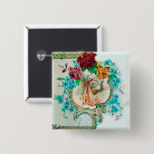 STORK GIRL BABY DUSCHE/PINK ROSES BLUE BLUE FLOWER BUTTON (Vorne & Hinten)