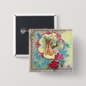 STORK GIRL BABY DUSCHE/PINK ROSES BLUE BLUE FLOWER BUTTON (Vorne & Hinten)