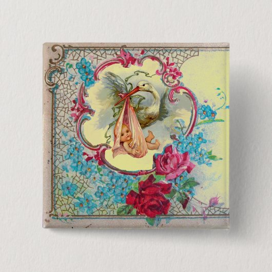 STORK GIRL BABY DUSCHE/PINK ROSES BLUE BLUE FLOWER BUTTON (Vorderseite)