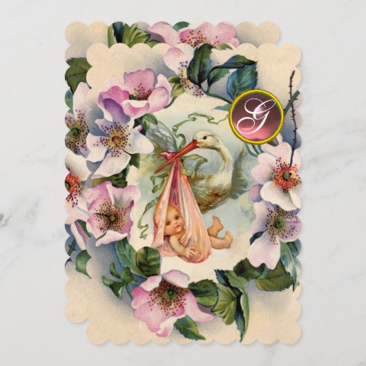 STORK GIRL BABY DUSCHE ,PINK WILD ROSE MONOGRAM EINLADUNG (Vorne/Hinten)