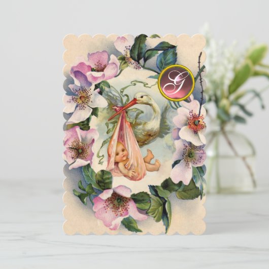 STORK GIRL BABY DUSCHE ,PINK WILD ROSE MONOGRAM EINLADUNG (Stehend Vorderseite)