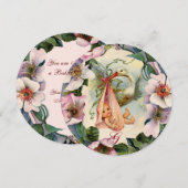 STORK GIRL BABY DUSCHE ,PINK WILD ROSE MONOGRAM EINLADUNG (Vorne/Hinten)