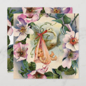 STORK GIRL BABY DUSCHE ,PINK WILD ROSE MONOGRAM EINLADUNG (Vorne/Hinten)