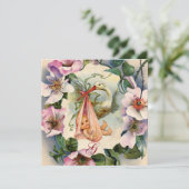 STORK GIRL BABY DUSCHE ,PINK WILD ROSE MONOGRAM EINLADUNG (Stehend Vorderseite)