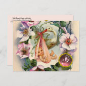 STORK GIRL BABY DUSCHE ,PINK WILD ROSE MONOGRAM EINLADUNGSPOSTKARTE (Vorne/Hinten)