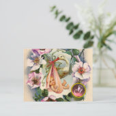 STORK GIRL BABY DUSCHE ,PINK WILD ROSE MONOGRAM EINLADUNGSPOSTKARTE (Stehend Vorderseite)