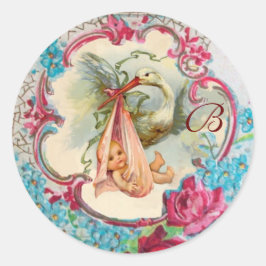 STORK GIRL BABY DUSCHROSEN, BLUME MONOGRAM RUNDER AUFKLEBER