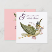 STORK GIRL BABY SHOWER MONOGRAM Pink White Einladung (Vorne/Hinten)