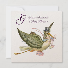 STORK GIRL BABY SHOWER MONOGRAM Pink White Einladung