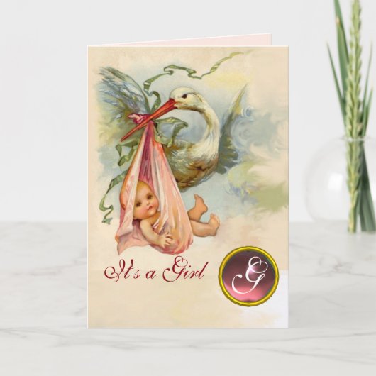 STORK GIRL BABY SHOWER PINK GEM MONOGRAM ANKÜNDIGUNG (Vorderseite)