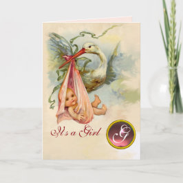 STORK GIRL BABY SHOWER PINK GEM MONOGRAM ANKÜNDIGUNG
