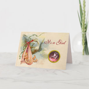 STORK GIRL BABY SHOWER PINK GEM MONOGRAM ANKÜNDIGUNG