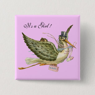 STORK GIRL BABY SHOWER Pink Lilac Button