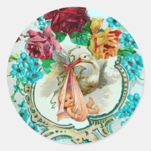 STORK GIRL BABY SHOWER PINK ROSES UND BLAUE BLWERK RUNDER AUFKLEBER