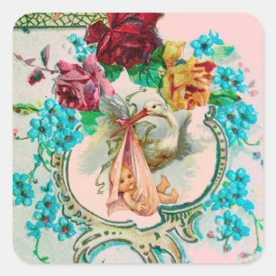 STORK GIRL BABY SHOWER PINK ROSES UND BLUE BLUE FL QUADRATISCHER AUFKLEBER
