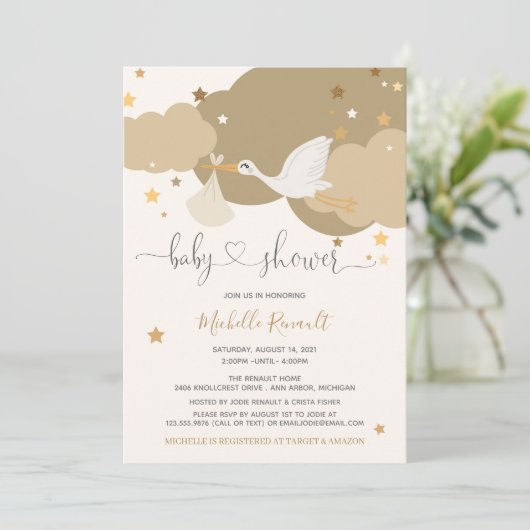 Stork Gold Gender Neutral Baby Shower Einladung (Stehend Vorderseite)