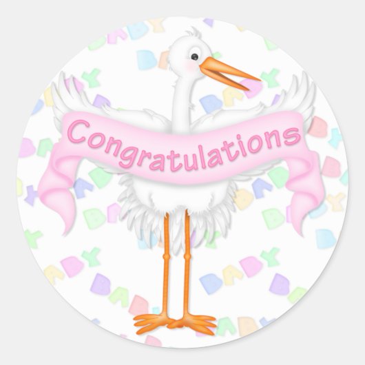Stork Gratulationsticker (Rosa) Runder Aufkleber (Vorderseite)