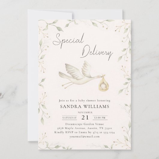 Stork Greenery Baby Shower Einladung (Vorderseite)