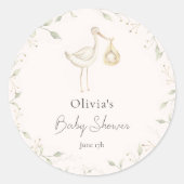 Stork Greenery Baby Shower Runder Aufkleber (Vorderseite)